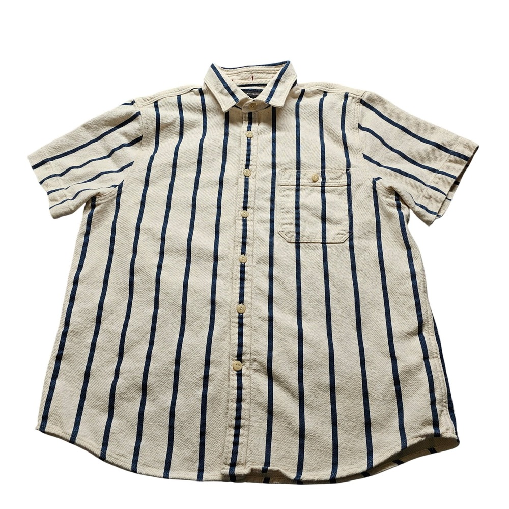Banana Republic Short Sleeve Button Down Shirt Mens L Cream Blue Stripe Cotton
